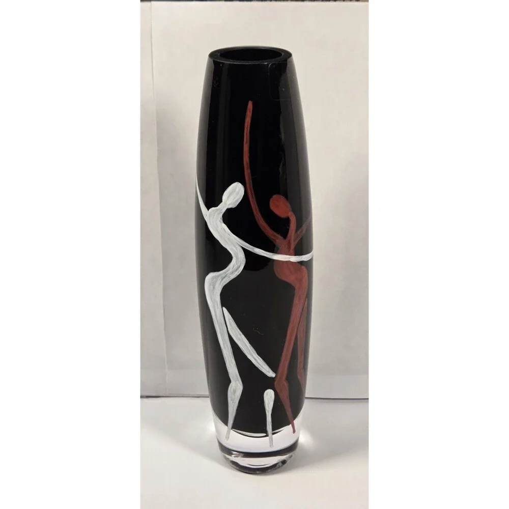 vintage Sasaki Bacchanal Art Glass Vase 11 3/4” Poland Black Hand Painted w/ Box